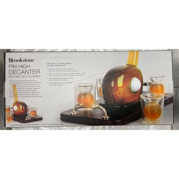 Brookstone Pin High Decanter Set with 4 Shot Glasses & Wooden Tray - New in Box - Picture 2 of 7